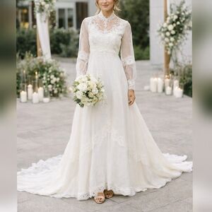 Union Made Vintage 70s 80s Candlelight Lace Chiffon Wedding Dress sz 10